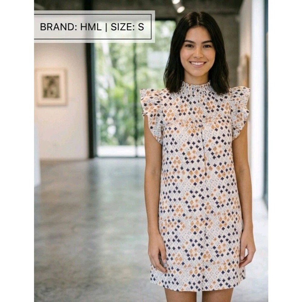 THML Preppy Ruffle Neck & Sleeve Diamond Print Mini Dress - Size S